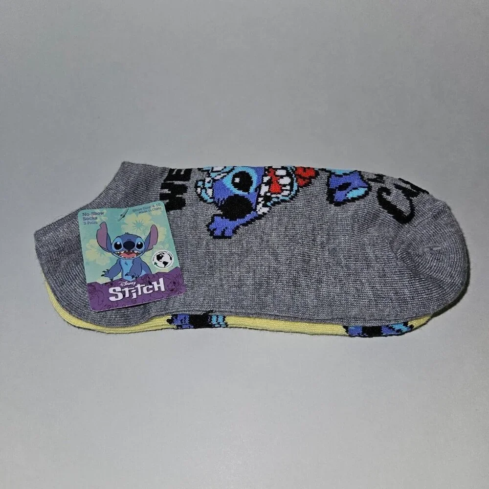 NEW 3 Pairs Disney Stitch No Show Socks Womens Shoe Size 4-10 Alien Gray Yellow